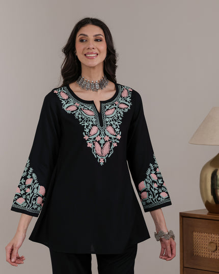 Qazmi Women Aari Embroidered Viscose Rayon A-Line Short Kurti with Full Sleeves