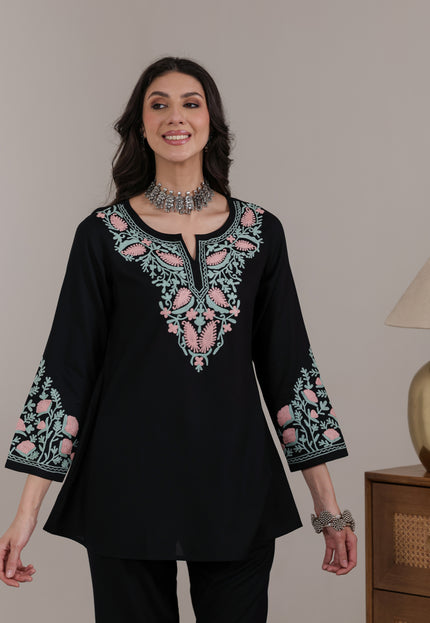 Qazmi Women Aari Embroidered Viscose Rayon A-Line Short Kurti with Full Sleeves