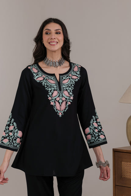 Qazmi Women Aari Embroidered Viscose Rayon A-Line Short Kurti with Full Sleeves