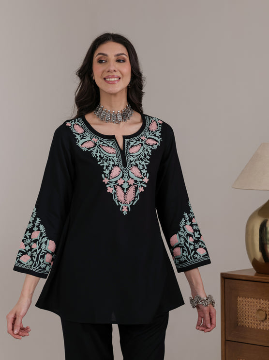 Qazmi Women Aari Embroidered Viscose Rayon A-Line Short Kurti with Full Sleeves