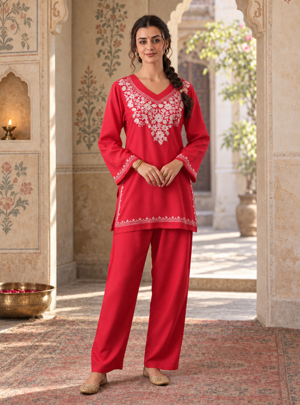 Qazmi Women's Kashmiri Aari Work Red CoOrd Set
