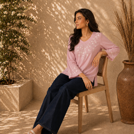 Qazmi Women's Sarah V-Neck Kashmiri Aari Work Full Sleeves Kurti