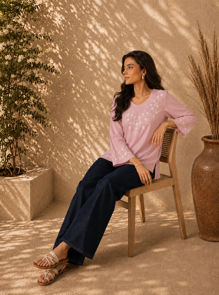Qazmi Women's Sarah V-Neck Kashmiri Aari Work Full Sleeves Kurti