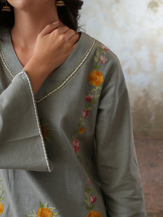 Qazmi Women's Mehreen Kashmiri Aari Work Pearl Studded Cotton Linen CoOrd