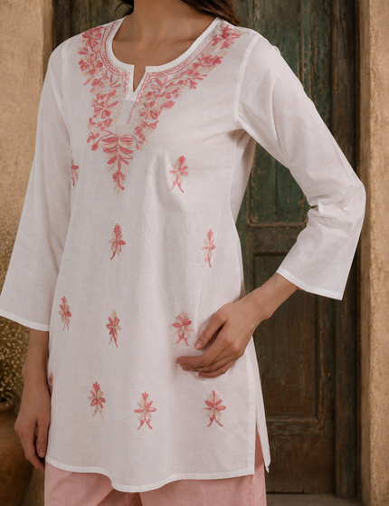 Qazmi Women's Aari Embroidered Pure Cotton Short Kurta