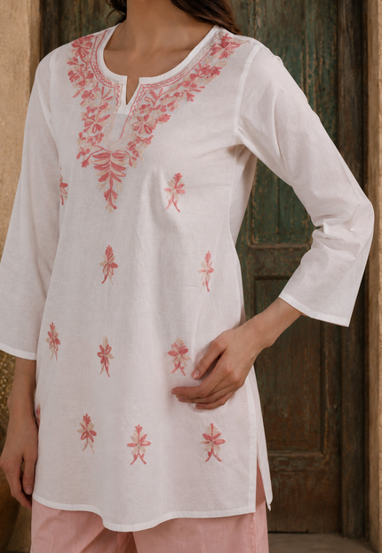 Qazmi Women's Aari Embroidered Pure Cotton Short Kurta
