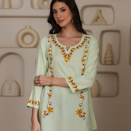 Qazmi Women Kashmiri Aari Embroidered A-Line Viscose Rayon Short Kurti with Full Sleeves