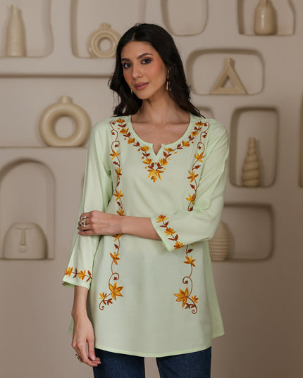 Qazmi Women Kashmiri Aari Embroidered A-Line Viscose Rayon Short Kurti with Full Sleeves