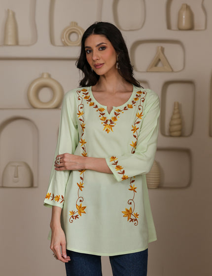 Qazmi Women Kashmiri Aari Embroidered A-Line Viscose Rayon Short Kurti with Full Sleeves