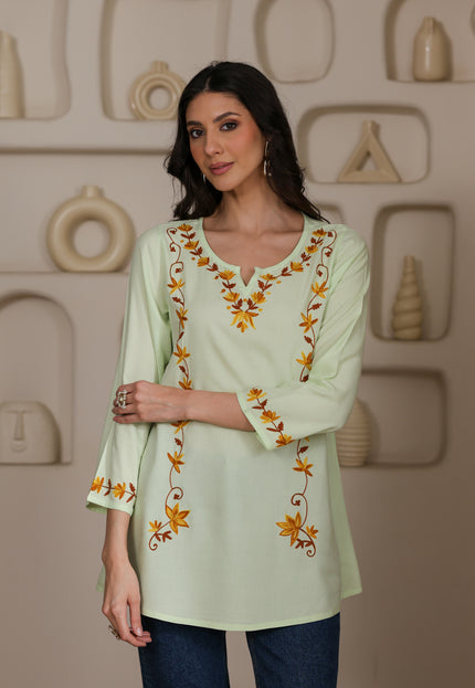 Qazmi Women Kashmiri Aari Embroidered A-Line Viscose Rayon Short Kurti with Full Sleeves