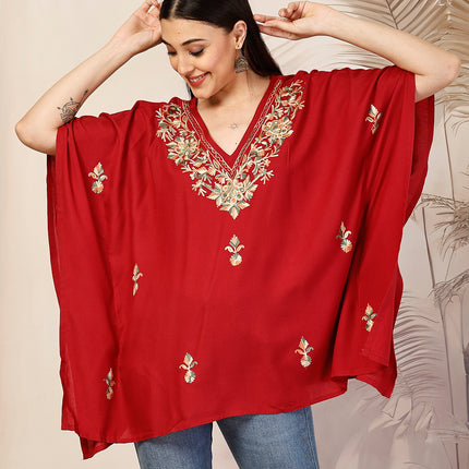 Qazmi Hannah V-Neck Flared Sleeves Aari Work Kaftan Kurti
