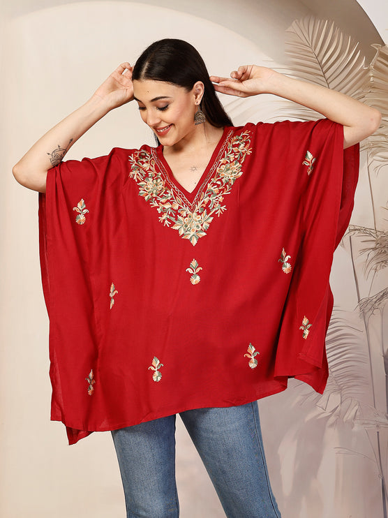 Qazmi Hannah V-Neck Flared Sleeves Aari Work Kaftan Kurti
