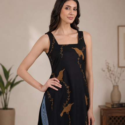 Qazmi Women Embroidered Viscose Rayon Sleeveless Kurti with Square Neck & Tie-Up Back
