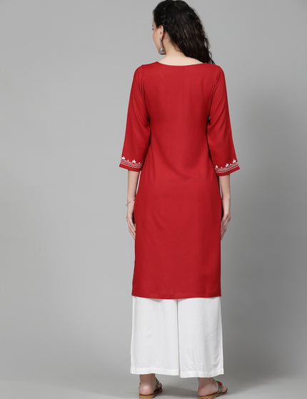 Red Offwhite Aari Long Kurti For Women