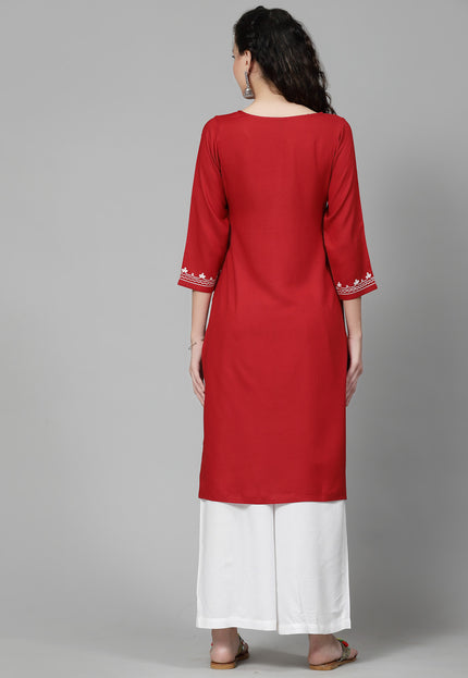 Red Offwhite Aari Long Kurti For Women