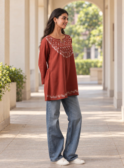 Qazmi Women's Azra Kashmiri A-Line Full Sleeves Viscose Rayon Short Kurti