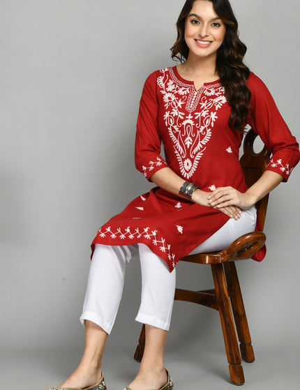Red Offwhite Boota Aari Long Kurti For Women