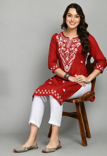 Red Offwhite Boota Aari Long Kurti For Women
