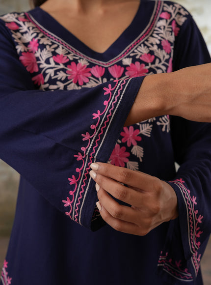 Qazmi Women's Kashmiri Aari Work Navy Blue CoOrd Set