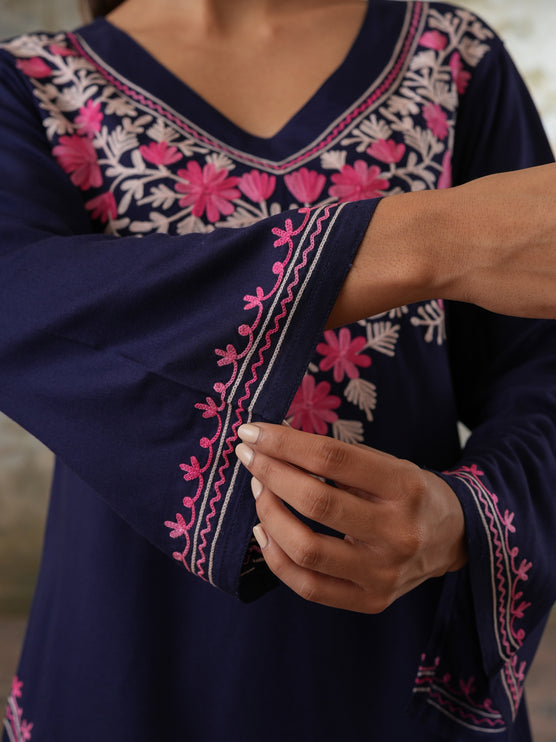 Qazmi Women's Kashmiri Aari Work Navy Blue CoOrd Set