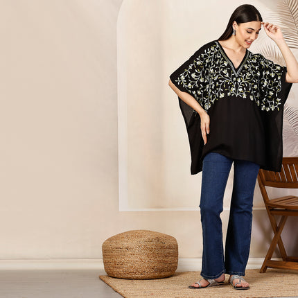 QAZMI Sheen V-Neck Flared Sleeves Kashmiri Aari Work Kaftan Kurti