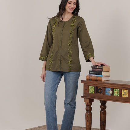 Qazmi Women Aari Embroidered Pure Cotton Mandarin Collar Top