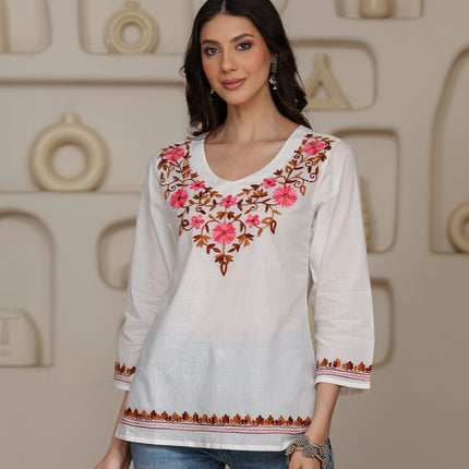 Qazmi Women's Nafisa Kashmiri Aari Work V-Neck Blue Kurti