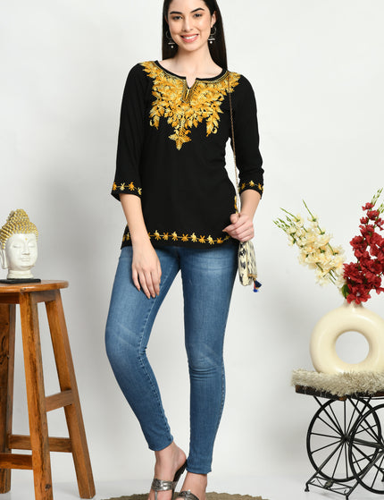 Black Kerry Aari Short Kurti For Women