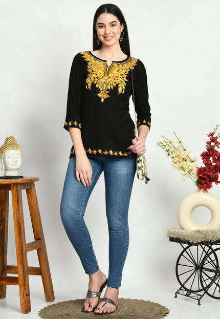 Black Kerry Aari Short Kurti For Women
