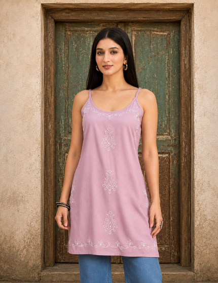 Qazmi Women Embroidered Viscose Rayon Sleeveless Embroidered Kurti