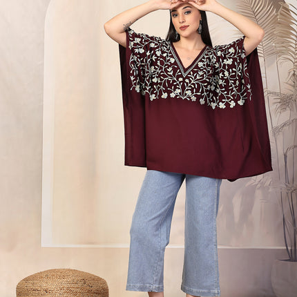 QAZMI Sheen V-Neck Flared Sleeves Kashmiri Aari Work Kaftan Kurti