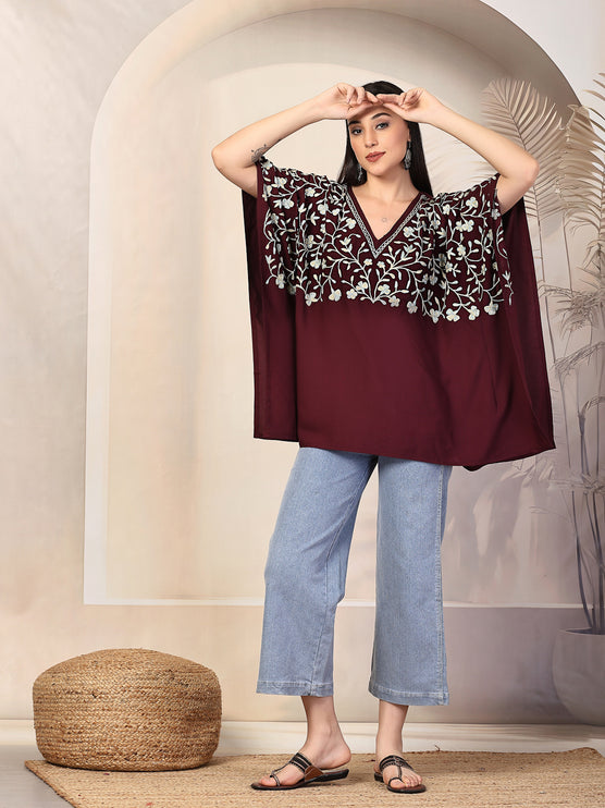 QAZMI Sheen V-Neck Flared Sleeves Kashmiri Aari Work Kaftan Kurti