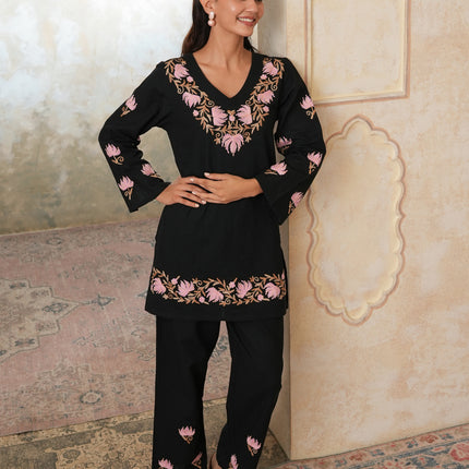 Qazmi Women's Kashmiri Chinarkari Work Olive Green CoOrd Set