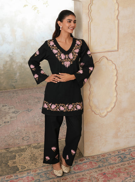 Qazmi Women's Kashmiri Chinarkari Work Olive Green CoOrd Set