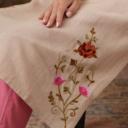 Qazmi Women's Zaynab Kashmiri Aari Work Cotton Linen Olive Green Kurta