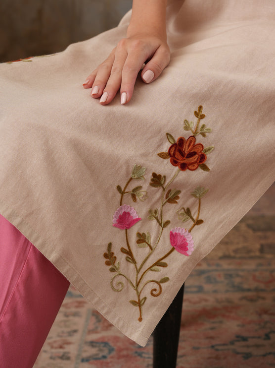 Qazmi Women's Zaynab Kashmiri Aari Work Cotton Linen Olive Green Kurta