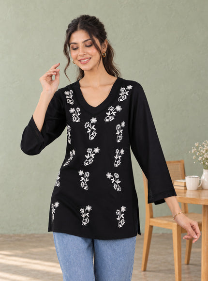 Qazmi Women Kashmiri Aari Embroidered Viscose Rayon Flared Sleeves Short Kurti