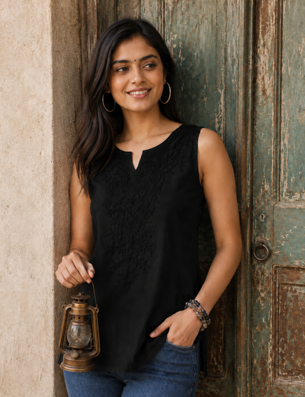 Black Self Sleeveless Aari Short Kurti For Women