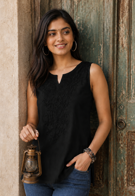Black Self Sleeveless Aari Short Kurti For Women