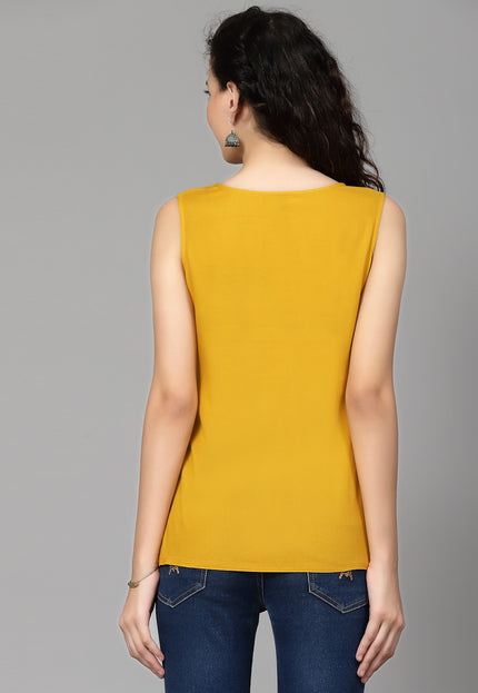 Mustard Self Sleeveless Aari Short Kurti For Women