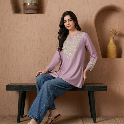 Qazmi Women's Kashmiri A-Line Full Sleeves Viscose Rayon Black Flared Short Kurti