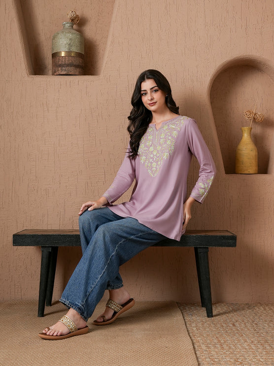 Qazmi Women's Kashmiri A-Line Full Sleeves Viscose Rayon Black Flared Short Kurti