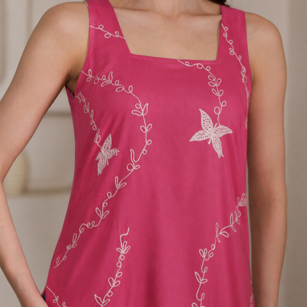 Qazmi Women Embroidered Viscose Rayon Sleeveless Kurti with Square Neck & Tie-Up Back