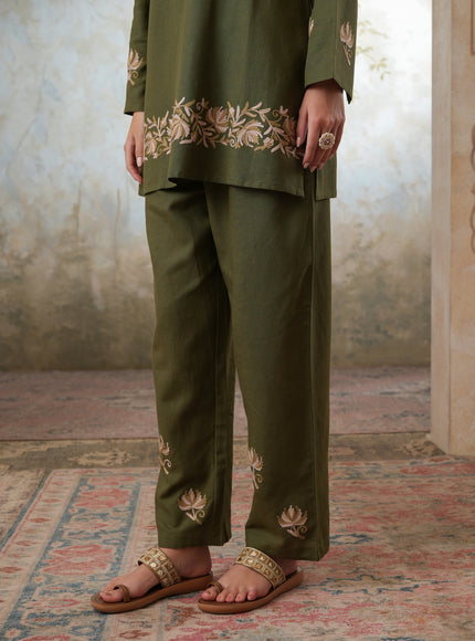 Qazmi Women's Kashmiri Chinarkari Work Olive Green CoOrd Set