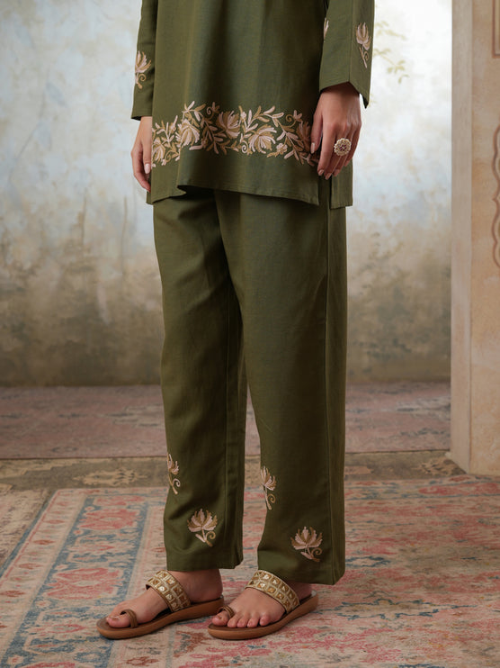 Qazmi Women's Kashmiri Chinarkari Work Olive Green CoOrd Set