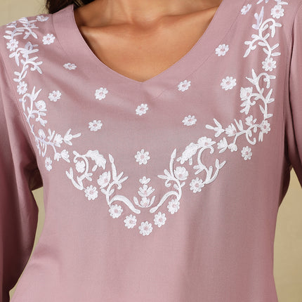 Qazmi Women's Aari Embroidered Viscose Rayon Full Sleeves Straight Kurti