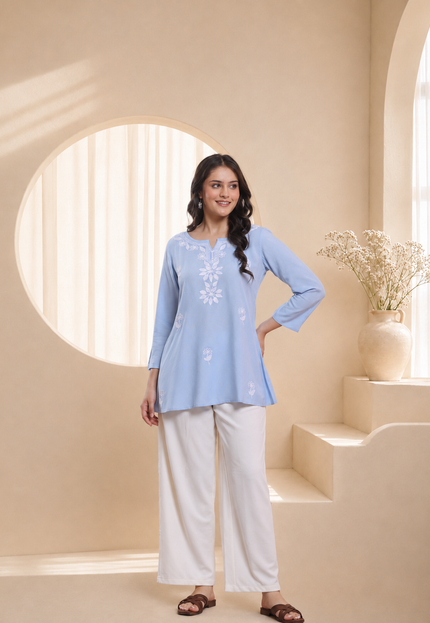 Qazmi Women's Kashmiri Aari Embroidered Viscose Rayon A-Line Flared Kurti