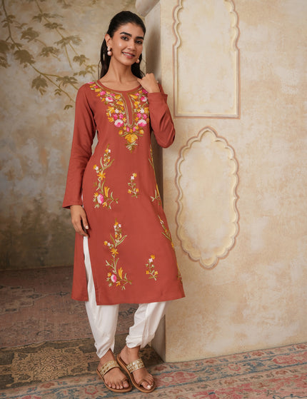 Qazmi Women's Sahar Kashmiri Aari Work Straight Kurta