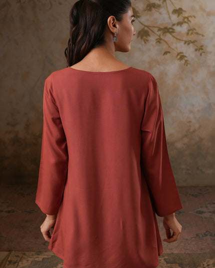 Qazmi Women's Azra Kashmiri A-Line Full Sleeves Viscose Rayon Short Kurti