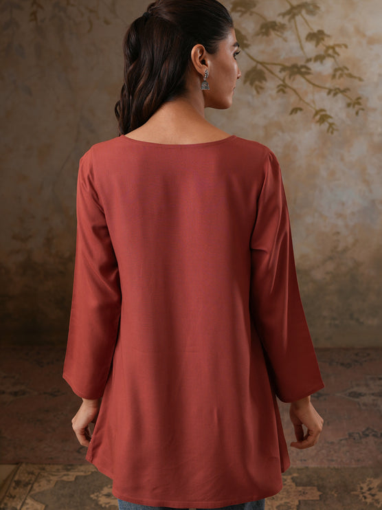 Qazmi Women's Azra Kashmiri A-Line Full Sleeves Viscose Rayon Short Kurti